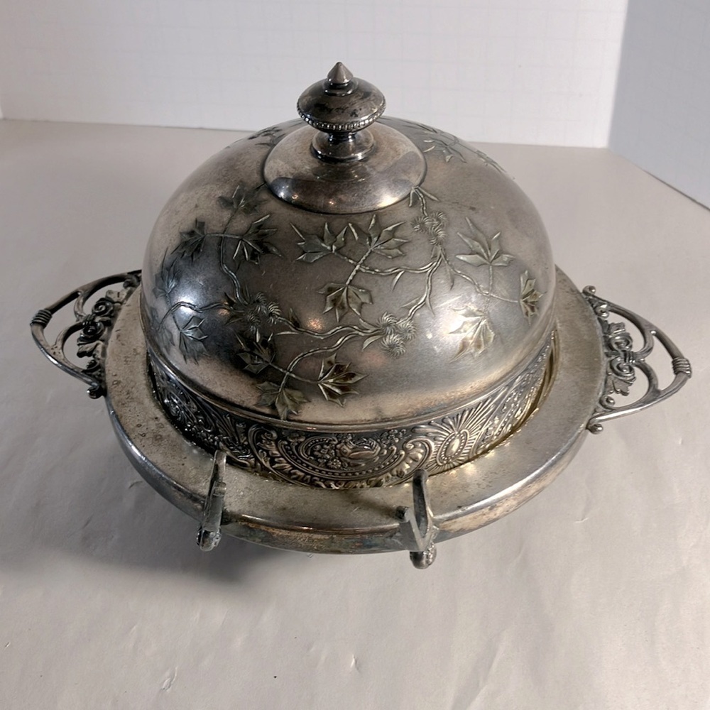 Antique Tufts Boston Silverplate Butter Dish Quadruple Plate Floral Dome